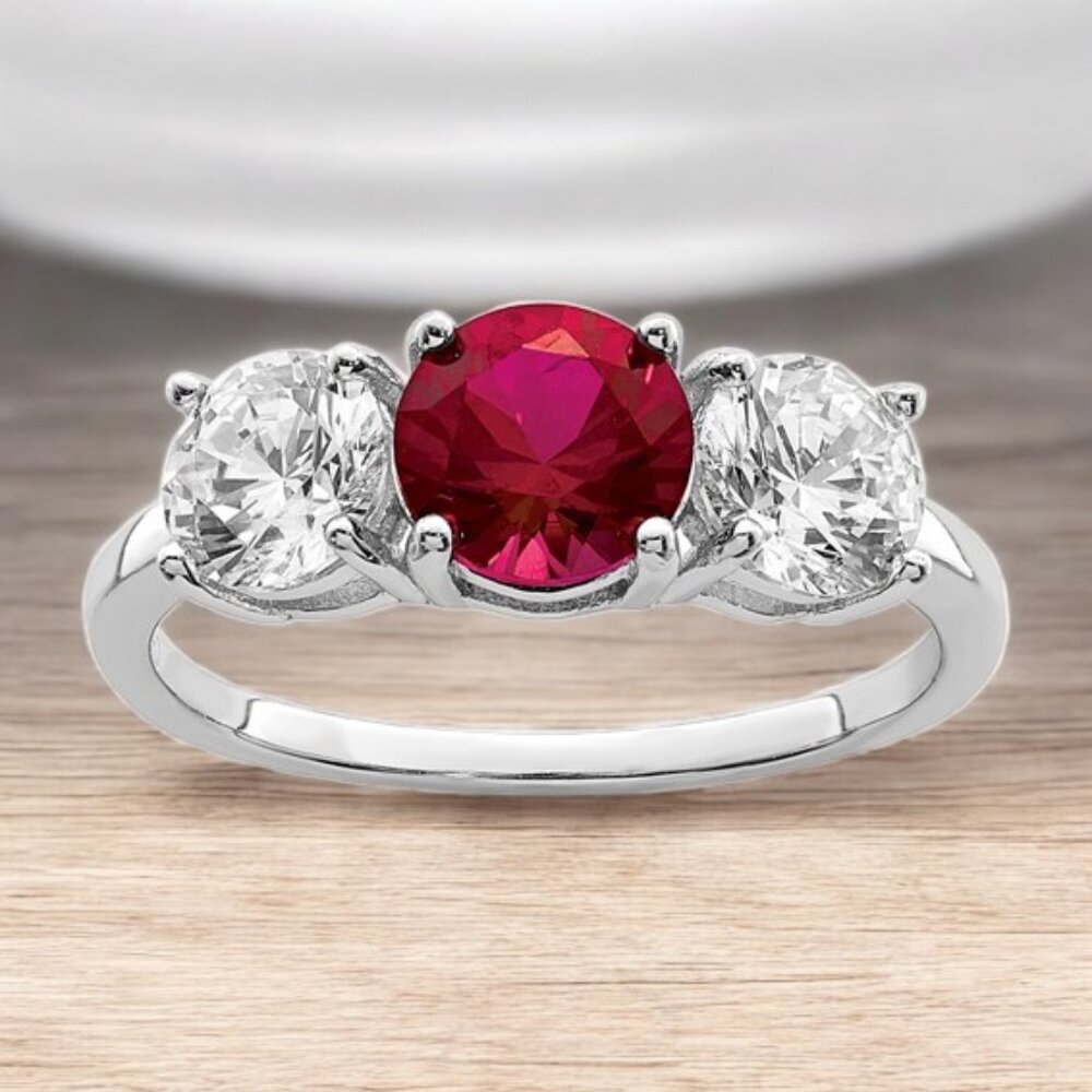 Three-Stone Lab Created Ruby And Cz Ring In 925 S… - image 1